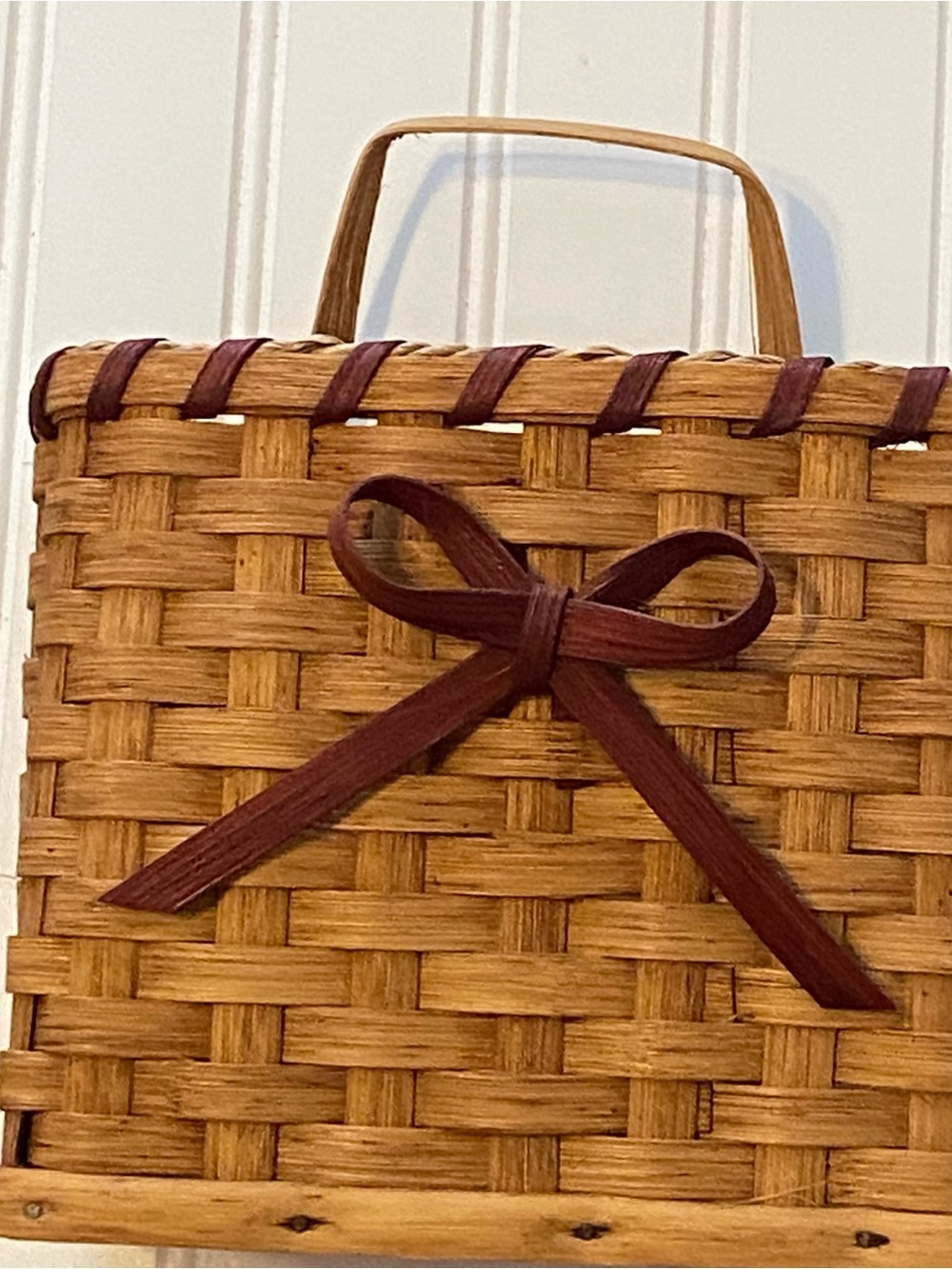 Woven Straw Basket Wall with Brown Accent Bow Vintage Amish signed